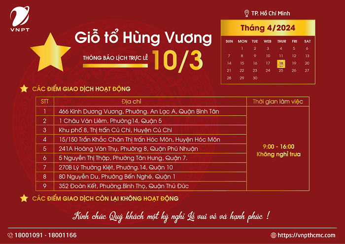 VNPT-Vinaphone TP.HCM thông báo lịch làm việc ngày lễ giỗ tổ Hùng Vương 