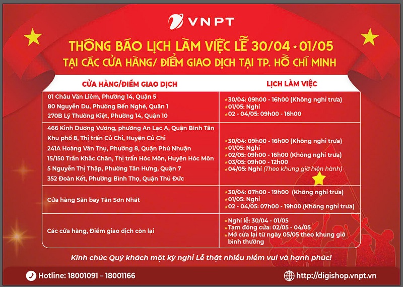 VNPT-Vinaphone TP.HCM thông báo lịch làm việc 30.04 - 01.05
