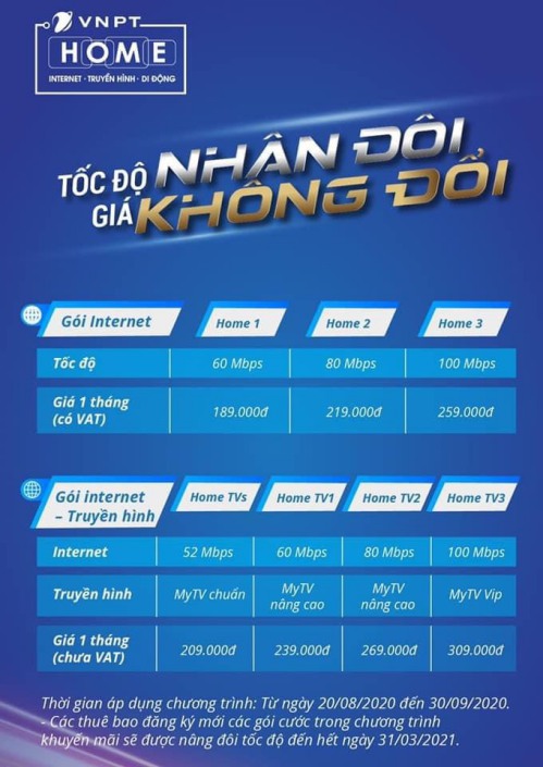bảng giá gói mạng vnpt home, home tv x2 tốc độ giá không đổi