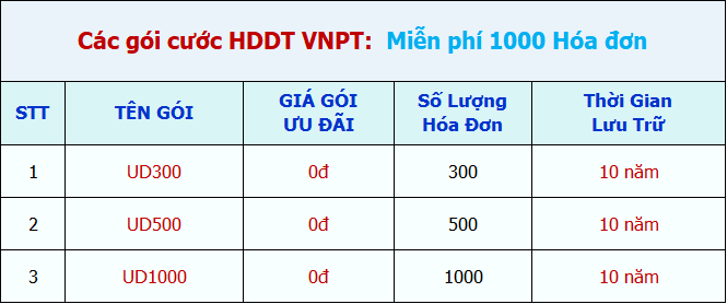 các gói cước ưu đãi 1000 hóa đơn điện tử của VNPT