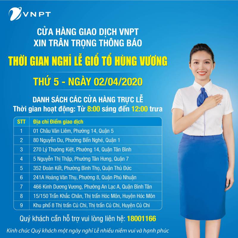 Cửa Hàng Vinaphone VNPT Làm Việc Ngày Giỗ Tổ Hùng Vương 2020 Tại TPHCM