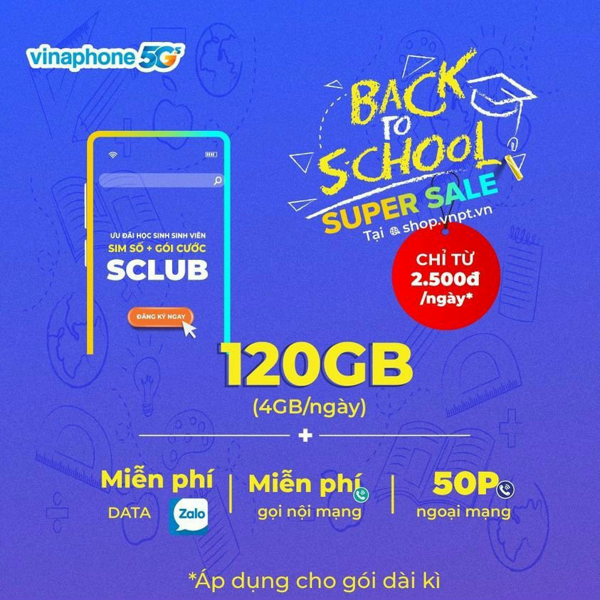 Đăng ký Sim kèm gói cước SCLUB Vinaphone miễn phí 120GB/tháng