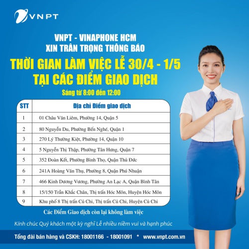 phòng giao dịch vnpt tphcm làm việc ngày 30-4 & 1-5-2020