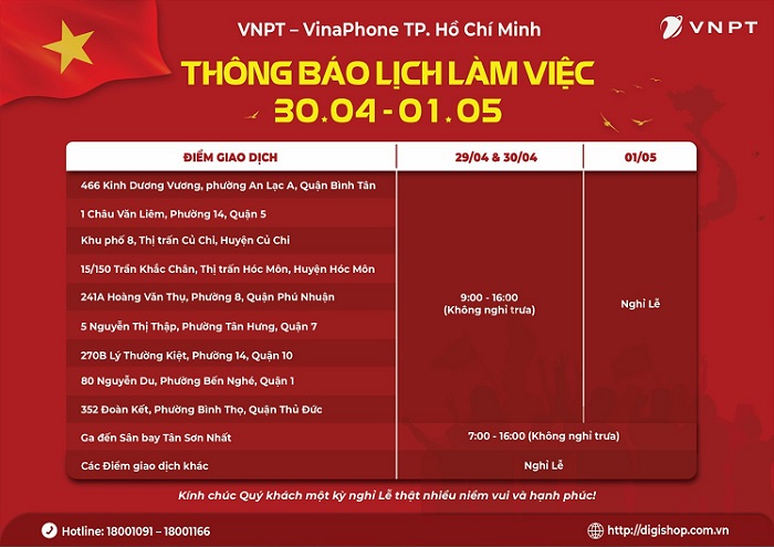 VNPT-Vinaphone TP.HCM thông báo lịch làm việc 30.04 - 01.05