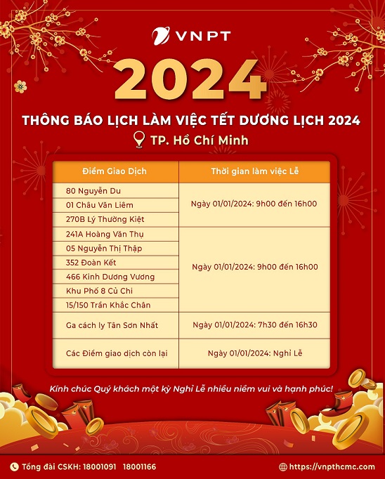 Lịch trực Tết Dương lịch 2024 tại các Điểm Giao dịch và các Tổng đài VNPT Vinaphone