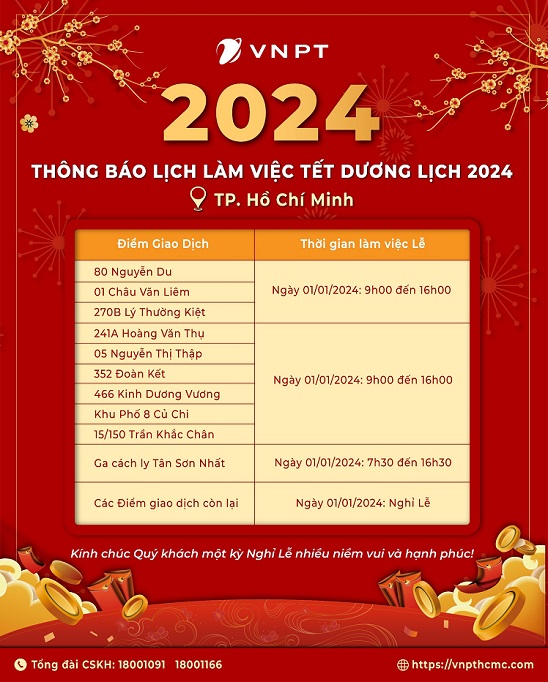 Lịch trực Tết Dương lịch 2024 tại các Điểm Giao dịch và các Tổng đài VNPT Vinaphone