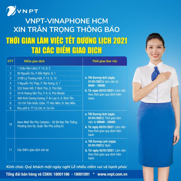 Lịch Làm Việc VNPT Vinaphone Tết Dương Lịch 1-1-2021