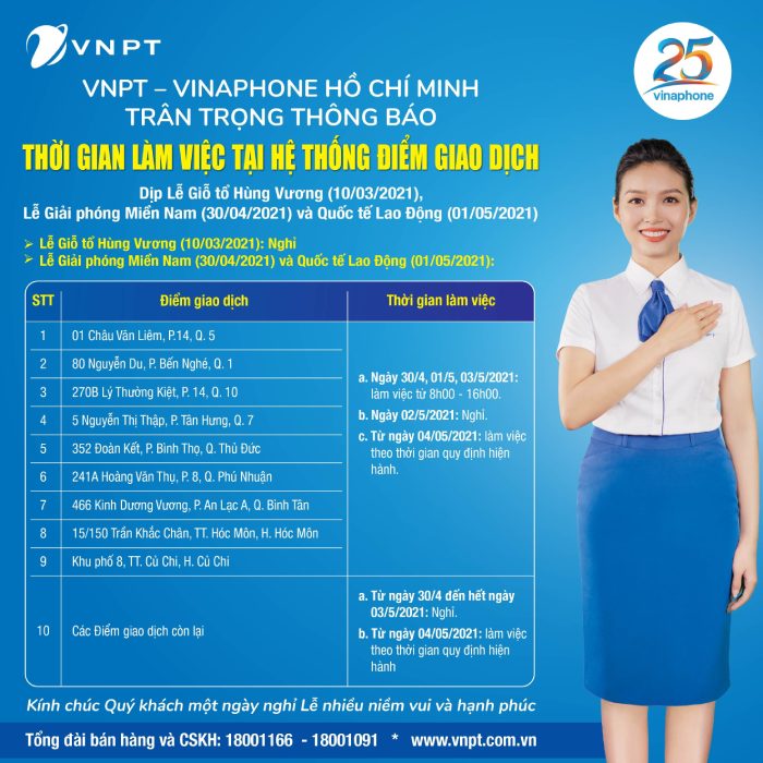 ĐGD VNPT VinaPhone Làm Việc Ngày Lễ 30-4 Và 1-5-2021 Tại TPHCM