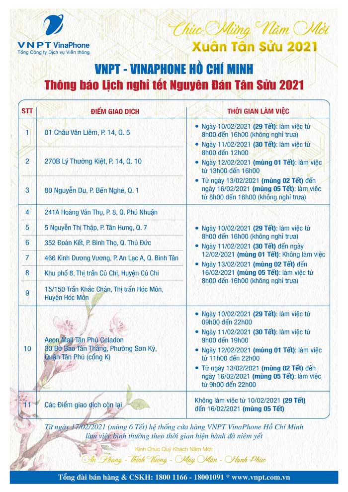 Lịch làm việc VNPT Vinaphone tết nguyên đán 2021