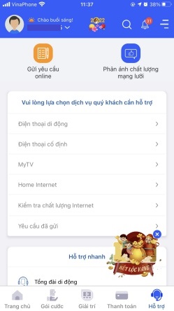 giao diện yêu cầu hỗ trợ của app my vnpt 