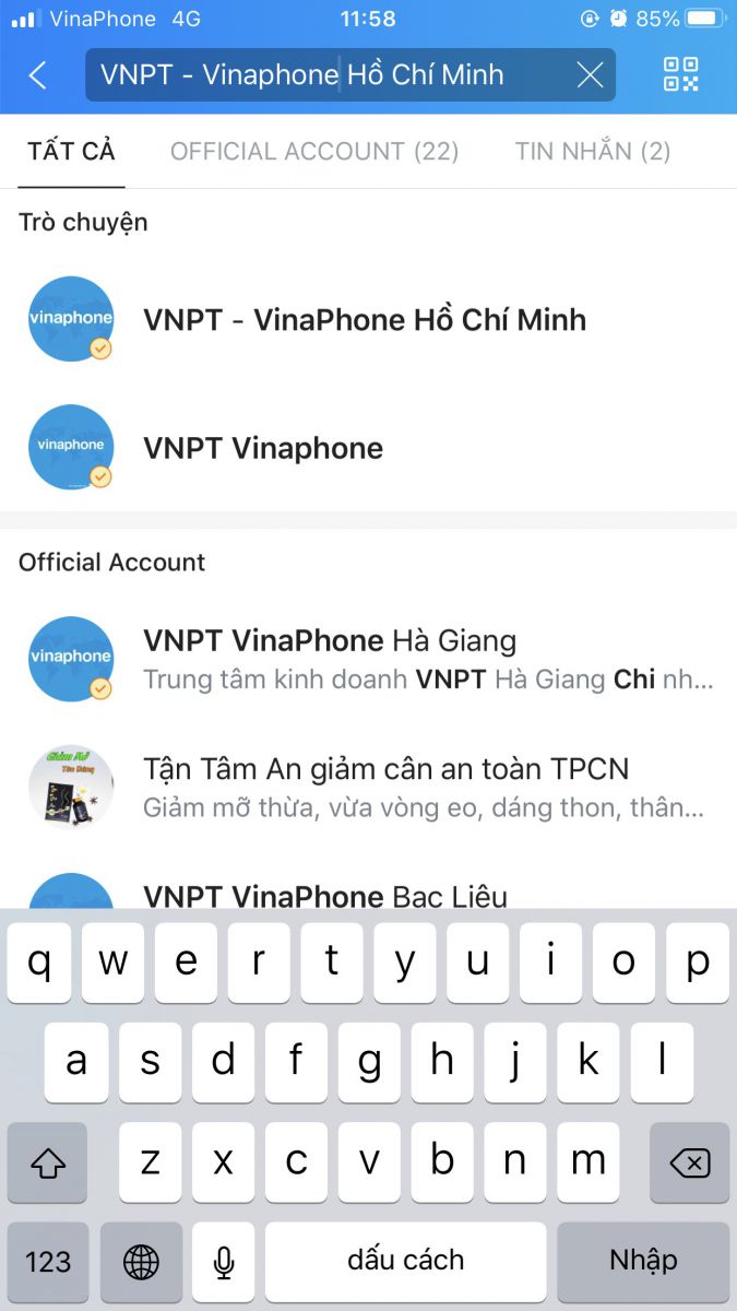 tìm kênh cskh vnpt vinaphone hồ chí minh trên zalo